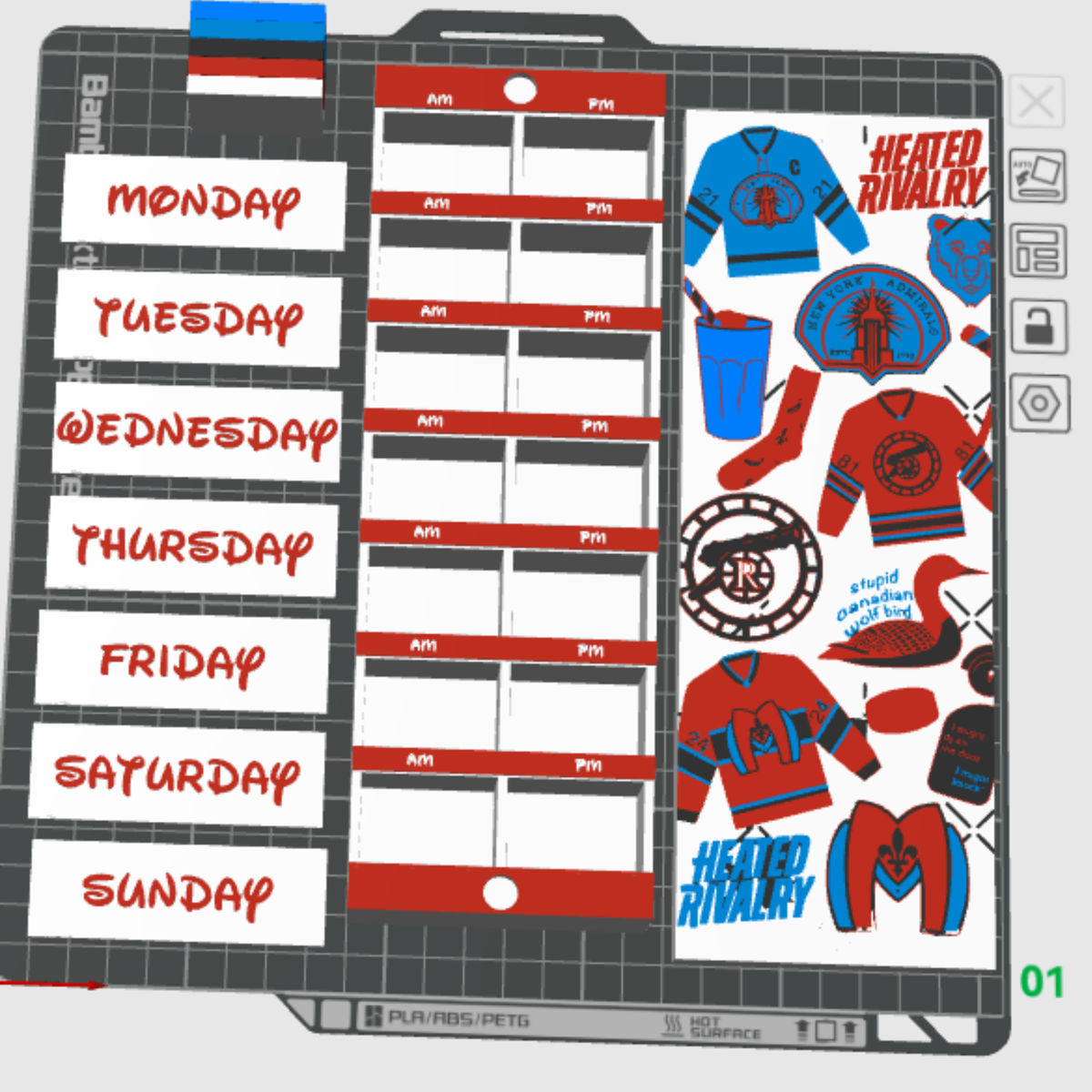 Hockey-themed 7-day AM and PM medication box design in 3D slicing software