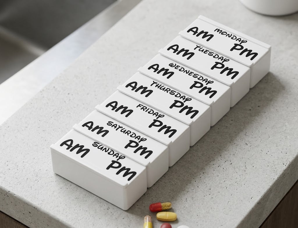 White 7-day AM and PM medication organiser with seven sliding day lids