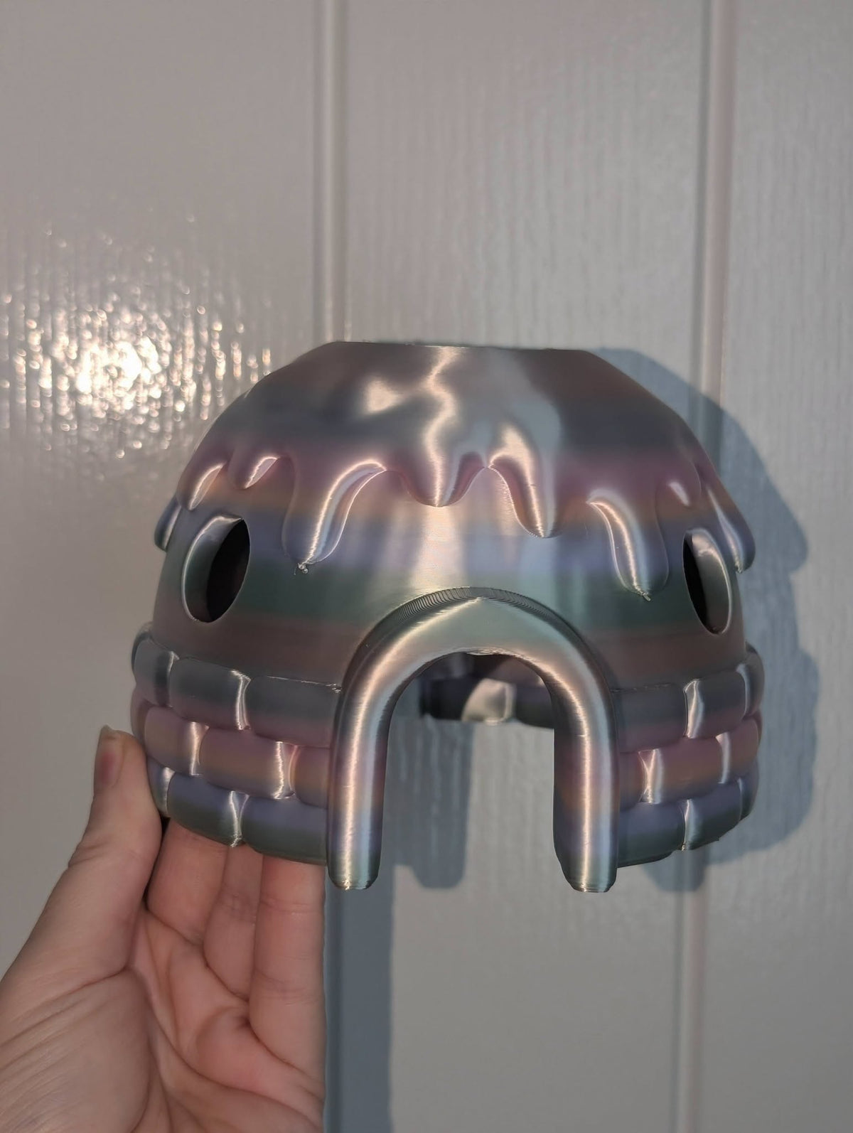 Rear view of pearlescent 3D printed Christmas elf igloo
