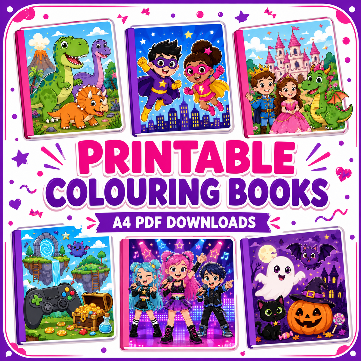 Printable colouring books for children featuring dinosaurs, superheroes, fairytales, gaming, music and Halloween themes