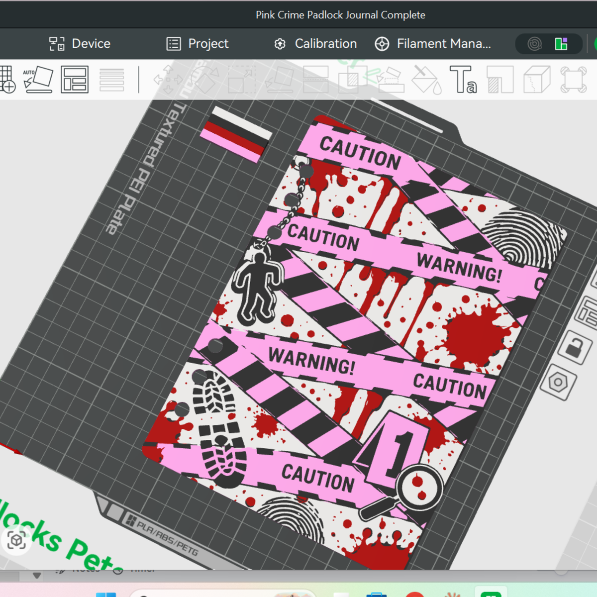 Pink and black crime-scene journal front cover preview in 3D slicing software
