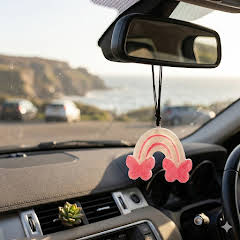 Pink Butterfly Rainbow Car Freshie, Handmade Hanging Car Air Freshener, Clean Fresh Spring Rainstorm Scent, Girly Car Accessory