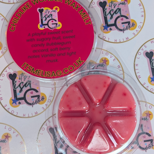Childlike Wonder circular clamshell wax melt with bubblegum fragrance