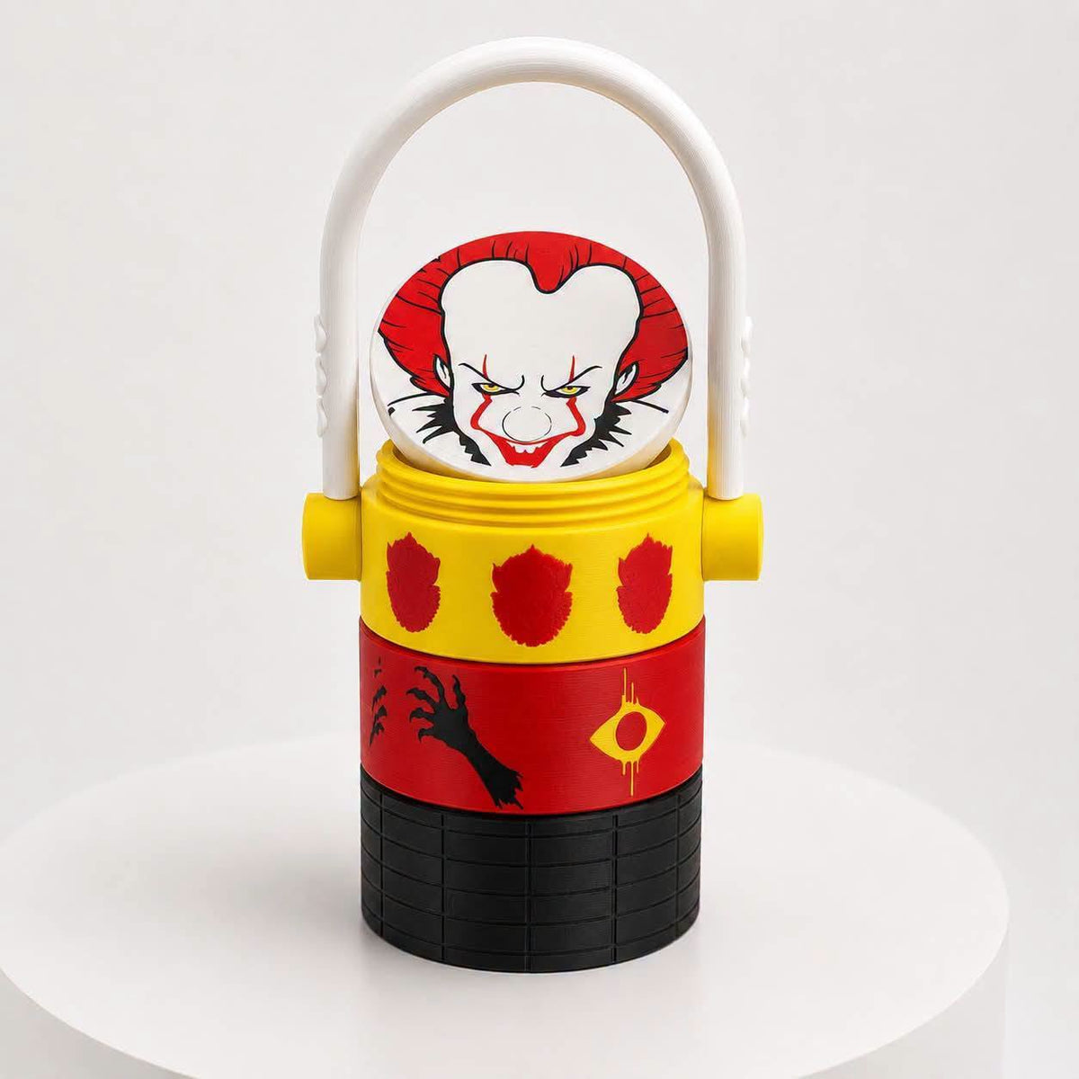 Finished red, yellow, black and white horror clown can cup with carry handle