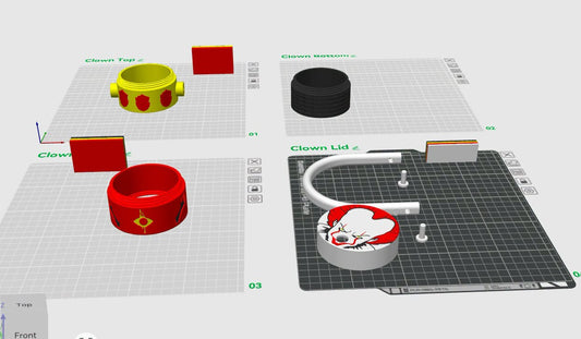 Four prepared build plates for the sectioned horror clown can cup 3MF project