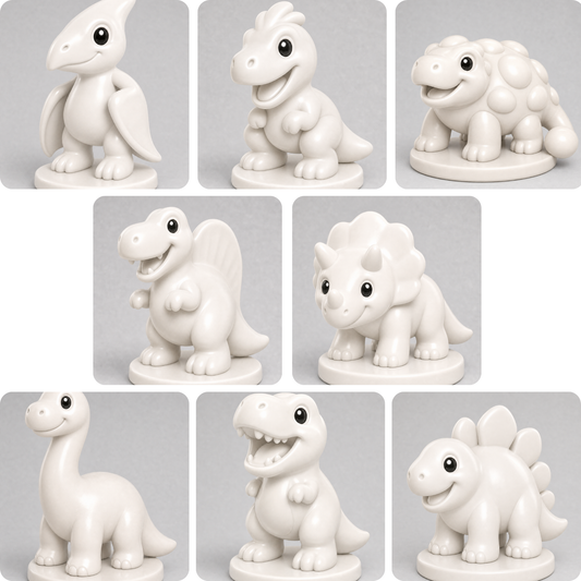 Eight white 3D printable dinosaur family models shown in individual renders