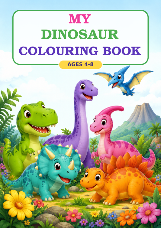My Dinosaur Colouring Book cover for ages 4–8 featuring six colourful cartoon dinosaurs