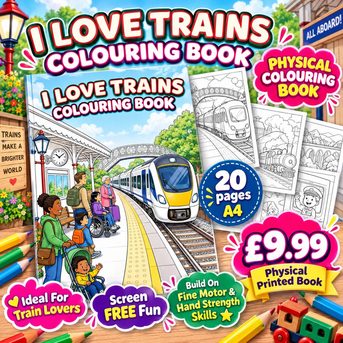 I Love Trains Colouring Book | 20 Page Physical Printed Book | Railway Adventure – It's Me Lisa G