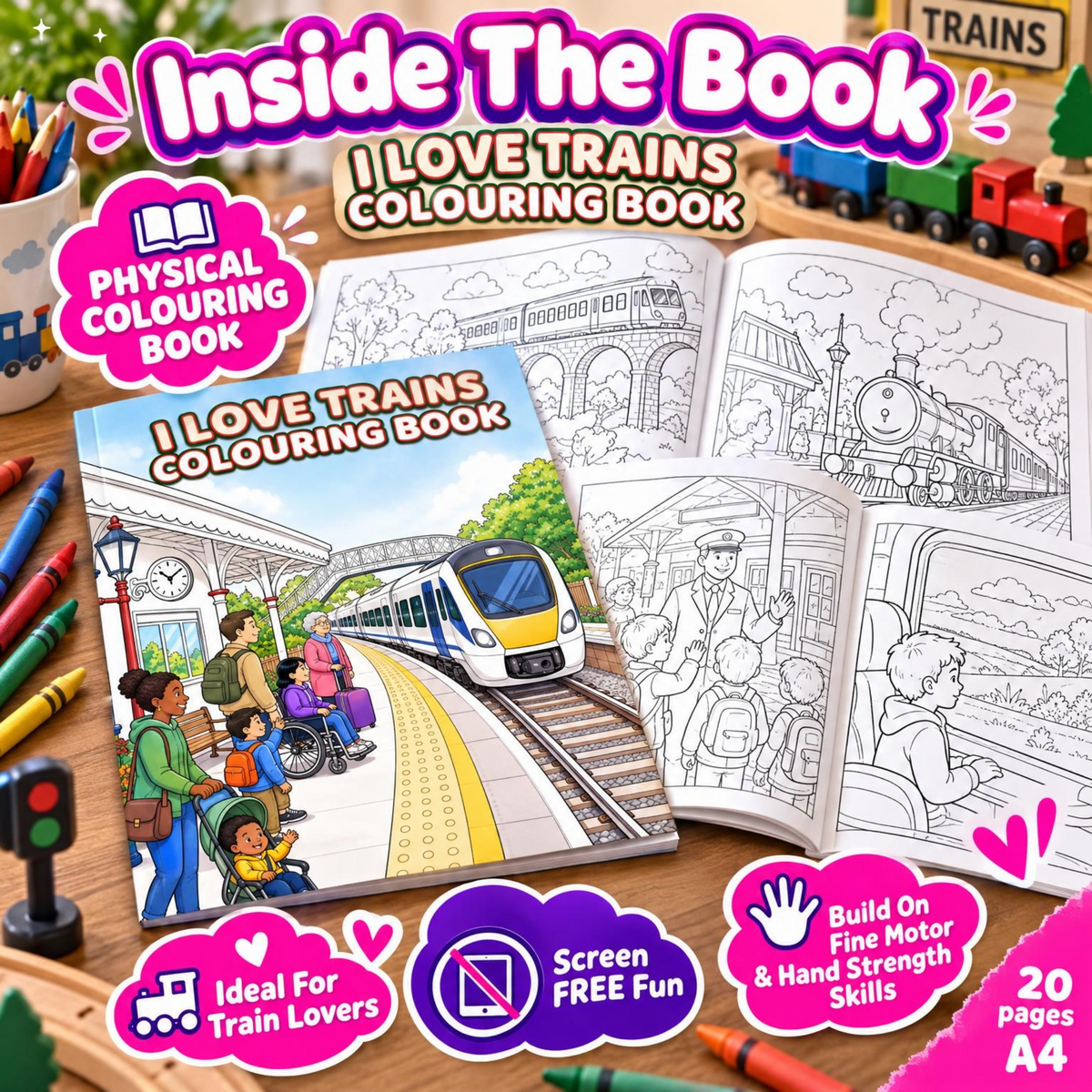 I Love Trains physical colouring book preview of inside railway colouring pages.