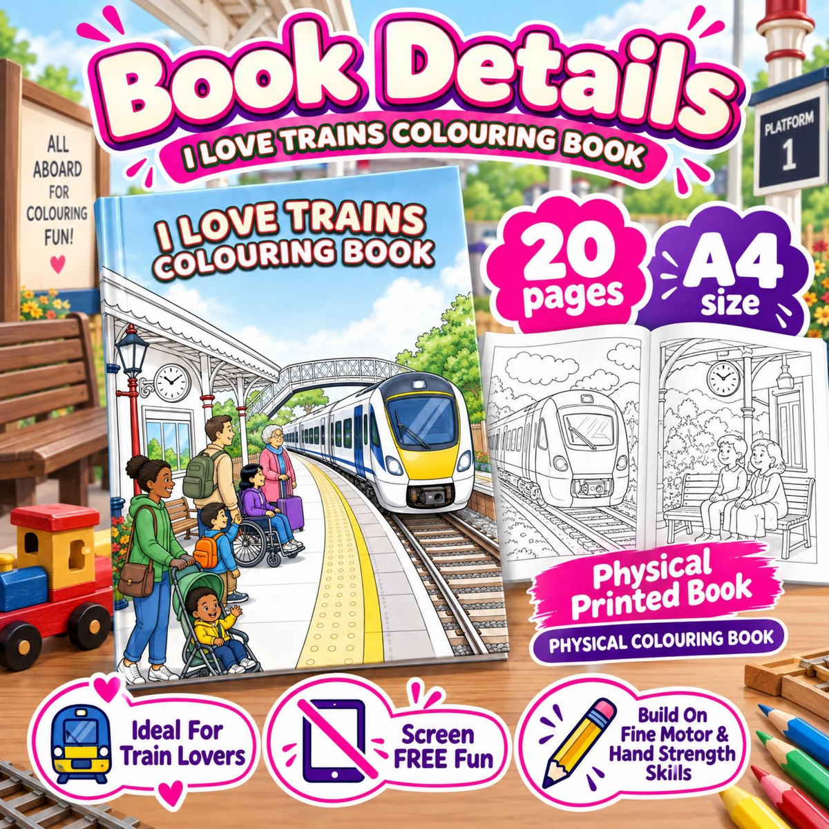 I Love Trains physical colouring book information graphic with book details.