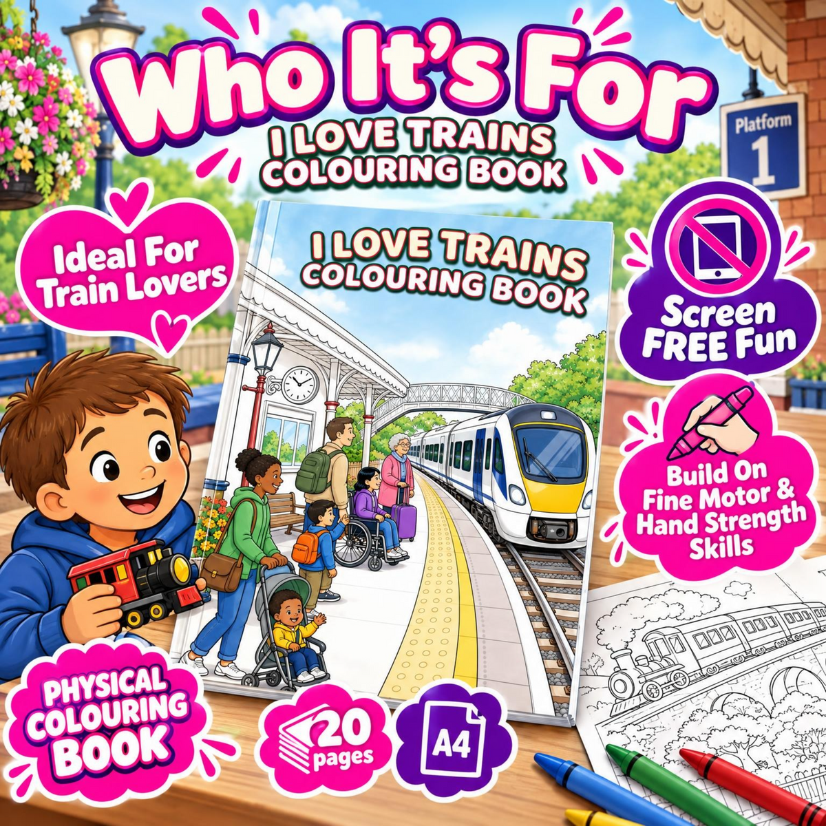 I Love Trains physical colouring book information graphic showing who it is for.