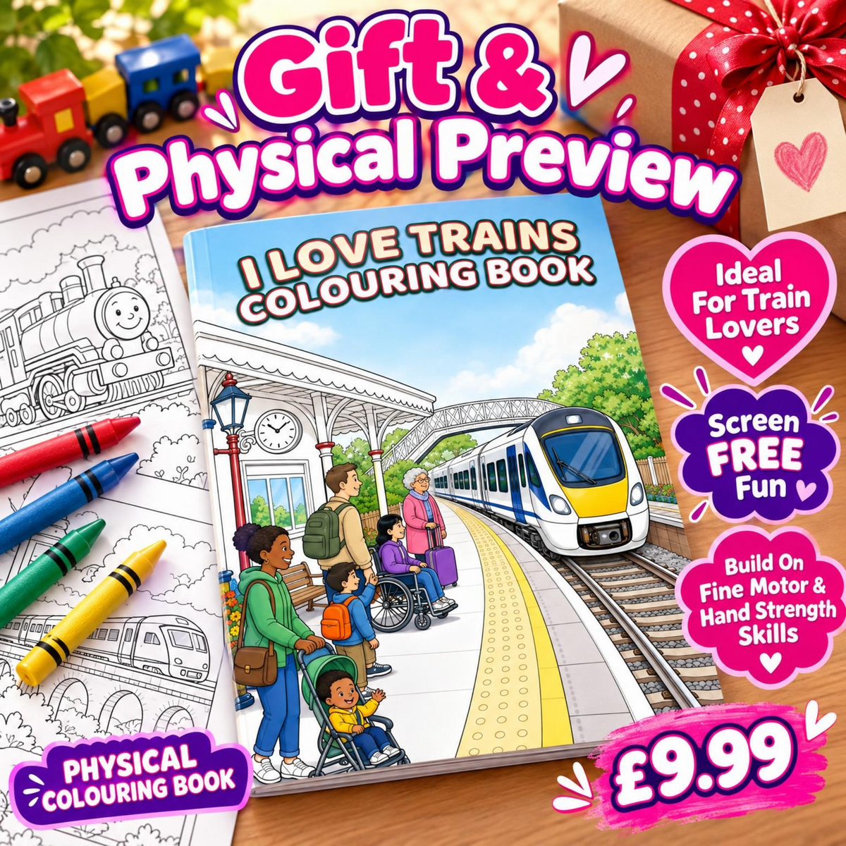 I Love Trains physical colouring book gift presentation preview.