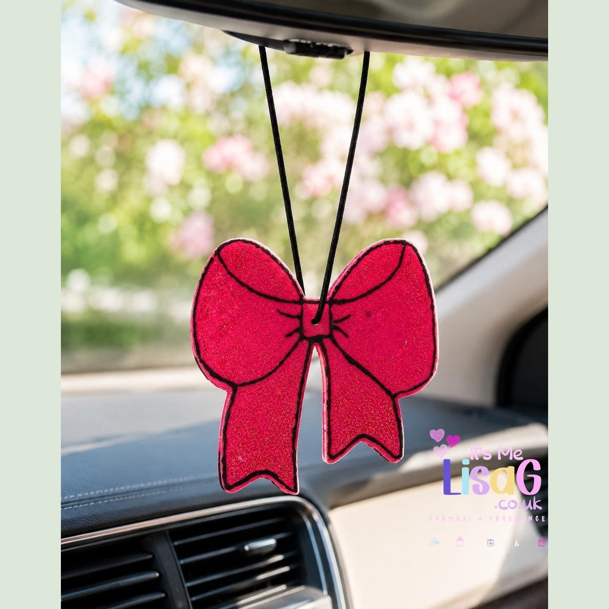 Pink Bow Car Freshie UK, Handmade Hanging Car Air Freshener, Strong Luxury Floral Perfume Scent, Cute Car Accessory Gift