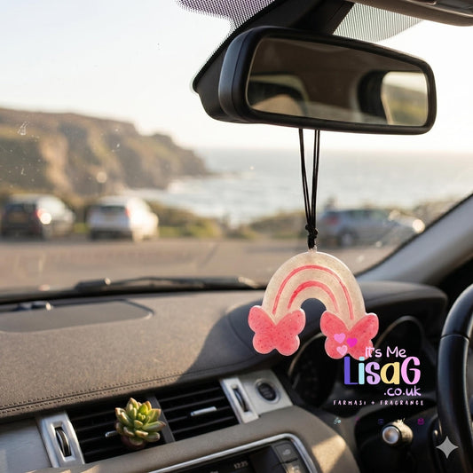 Pink Butterfly Rainbow Car Freshie, Handmade Hanging Car Air Freshener, Clean Fresh Spring Rainstorm Scent, Girly Car Accessory