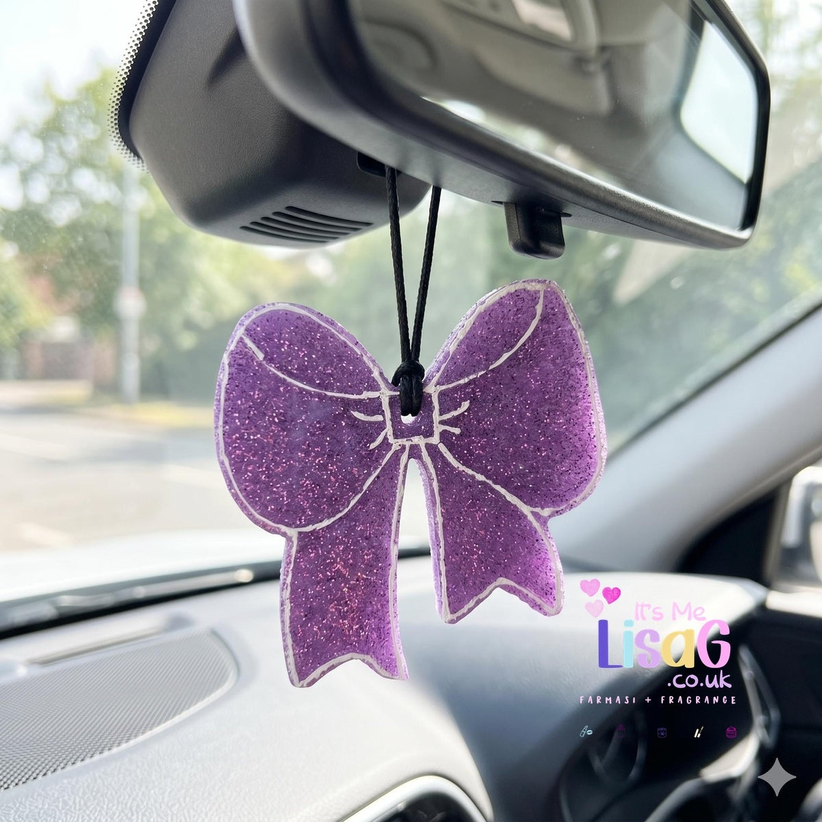 Purple Bow Car Freshie UK, Perfume Hanging Car Air Freshener, Glitter Car Scent Gift for Her