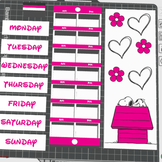 Dog-themed 7-day AM and PM medication box design shown in 3D slicing software