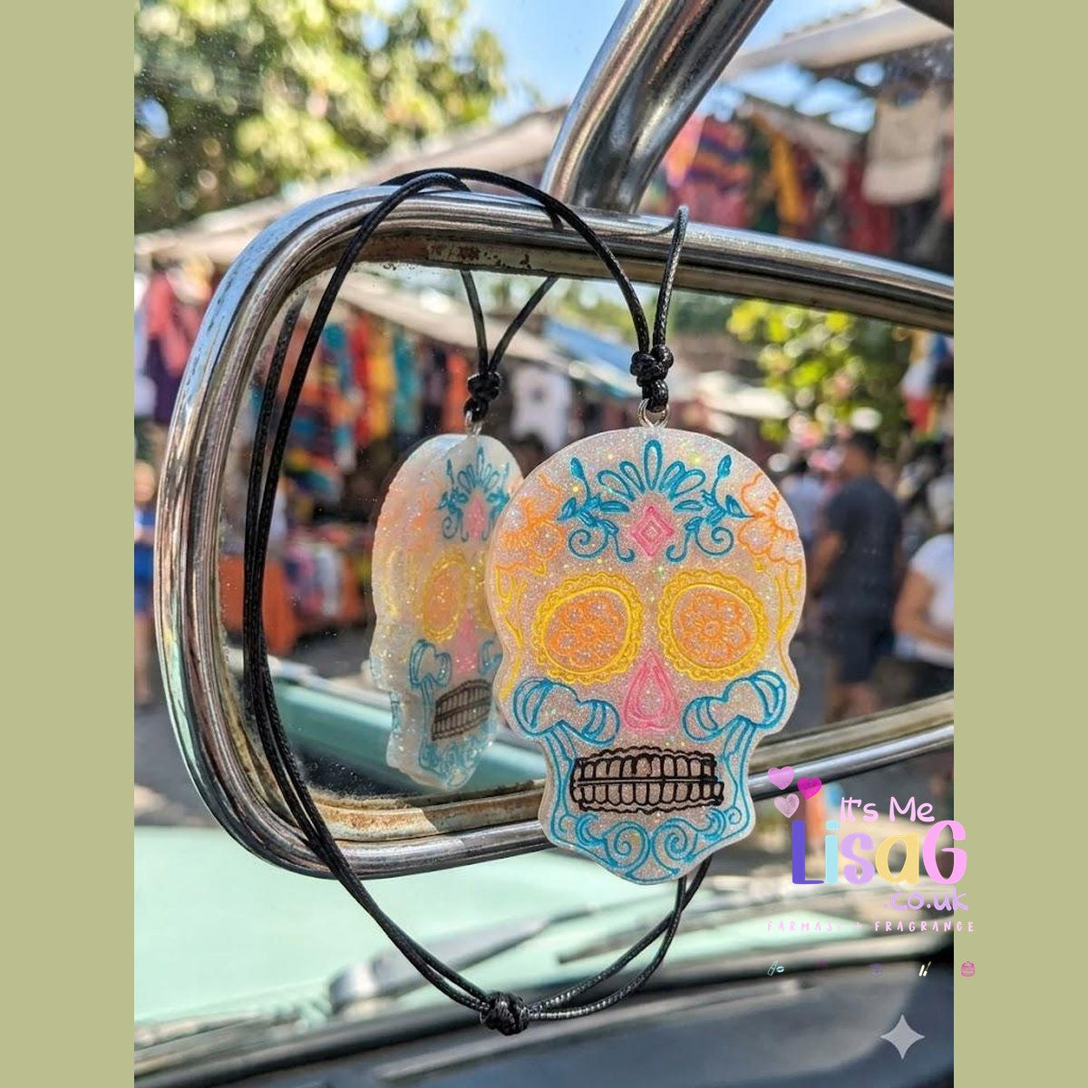 Sugar Skull Car Freshie UK, Perfume Hanging Car Air Freshener, Glitter Aroma Bead Gift