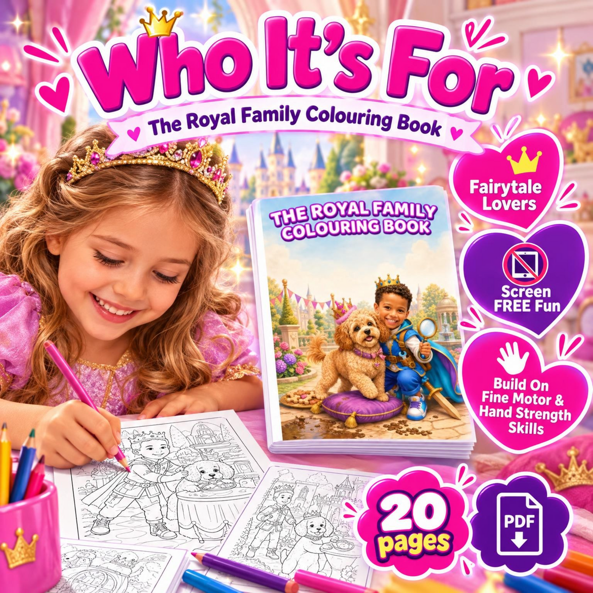 The Royal Family colouring book information graphic explaining who the book is for.