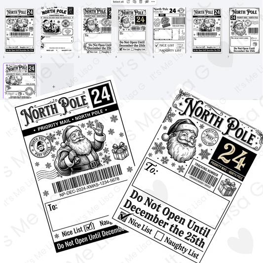 Eight printable black-and-white North Pole Santa gift label designs