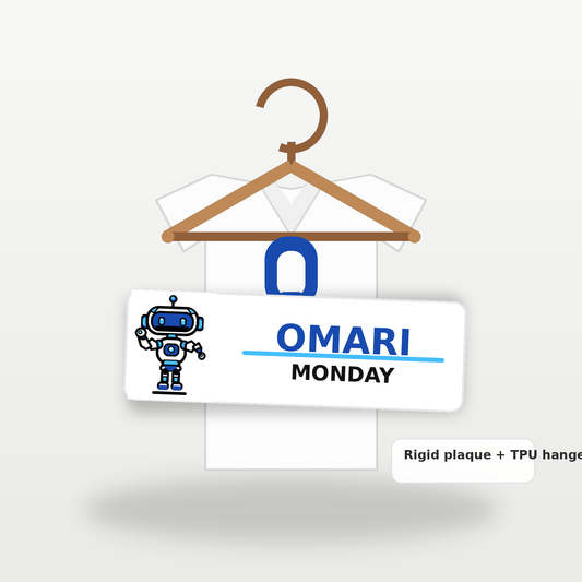 Personalised Monday clothes hanger plaque labelled Omari with a robot theme