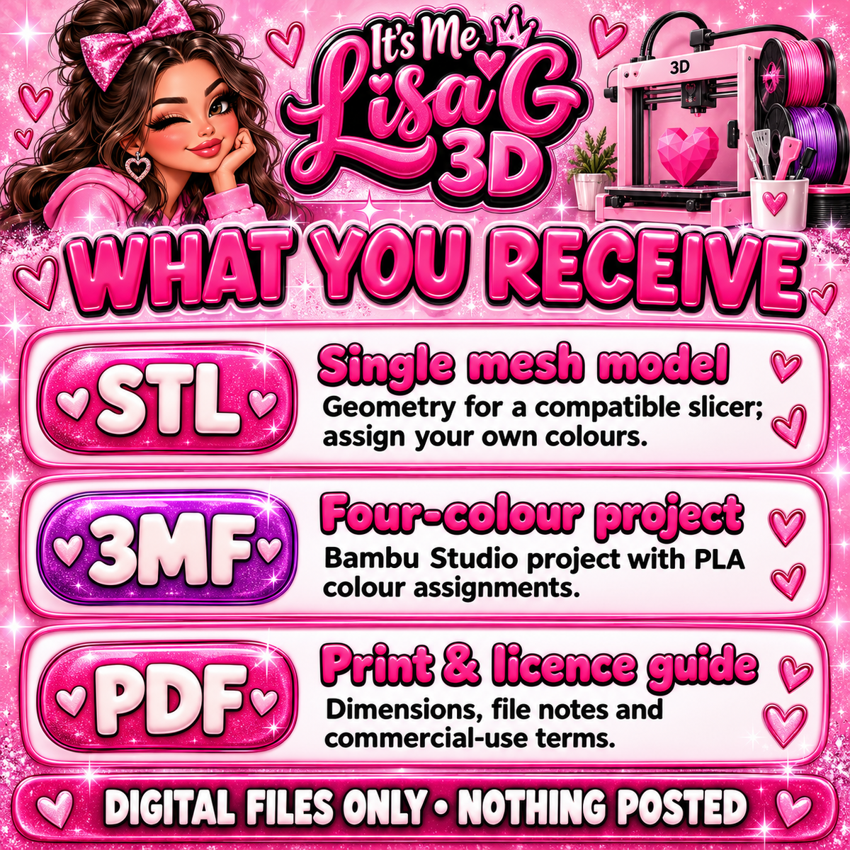 Digital 3D download information: STL and 3MF files and accompanying PDF licence details.