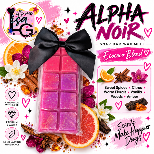 Alpha Noir wax melt branded hero showing the actual pink and purple snap bar