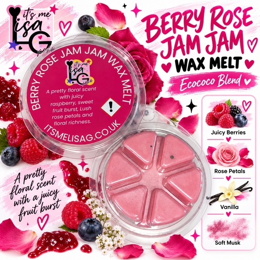 Berry Rose Jam Jam wax melt branded hero showing the actual pink circular wax melt