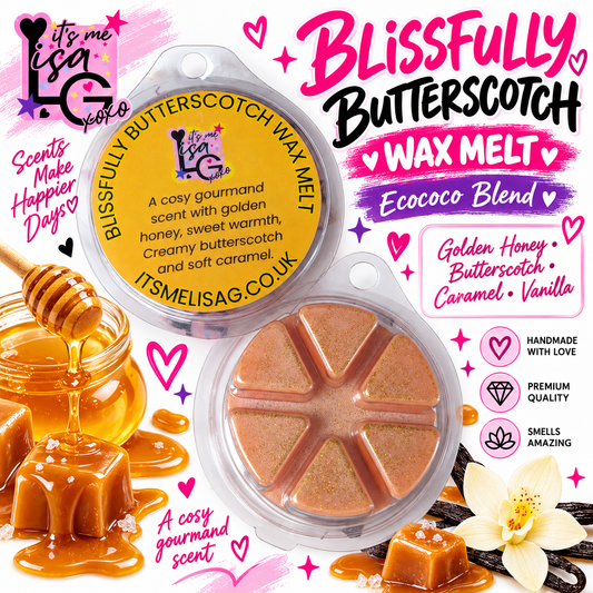 Blissfully Butterscotch wax melt branded hero showing the actual caramel circular wax melt