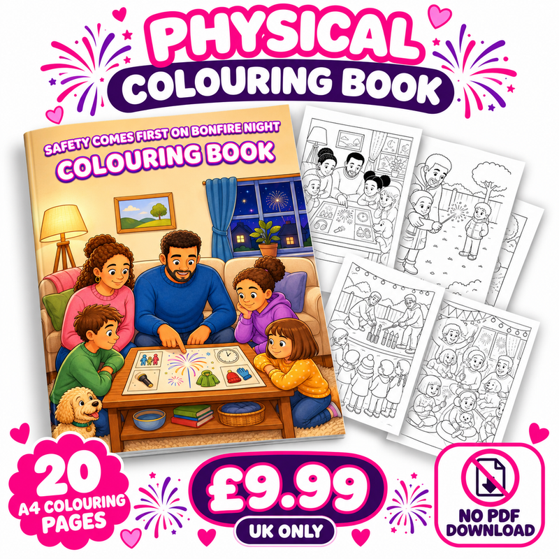 Safety Comes First On Bonfire Night Colouring Book | 20 Page Physical Printed Book
