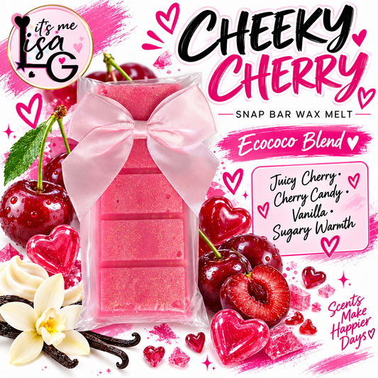 Cheeky Cherry wax melt branded hero showing the actual pink snap bar