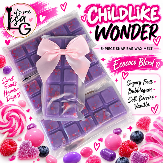 Childlike Wonder wax melt branded hero showing the actual purple snap bars
