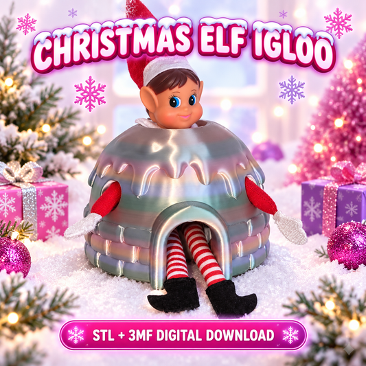 Christmas elf sitting inside a 3D printed igloo prop, STL and 3MF digital download
