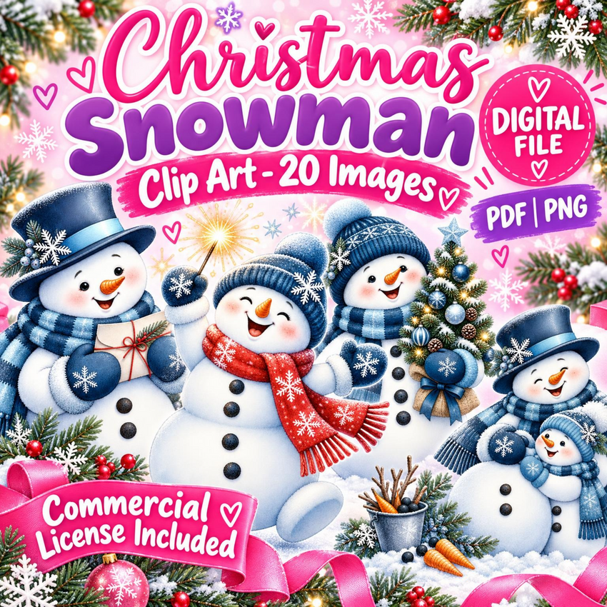 Christmas Snowman Clip Art Bundle | 20 PNG & PDF Designs | Commercial Use