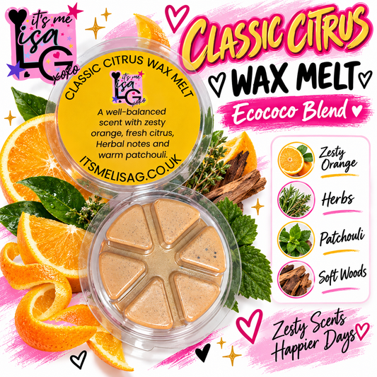 Classic Citrus wax melt branded hero showing the actual golden circular wax melt