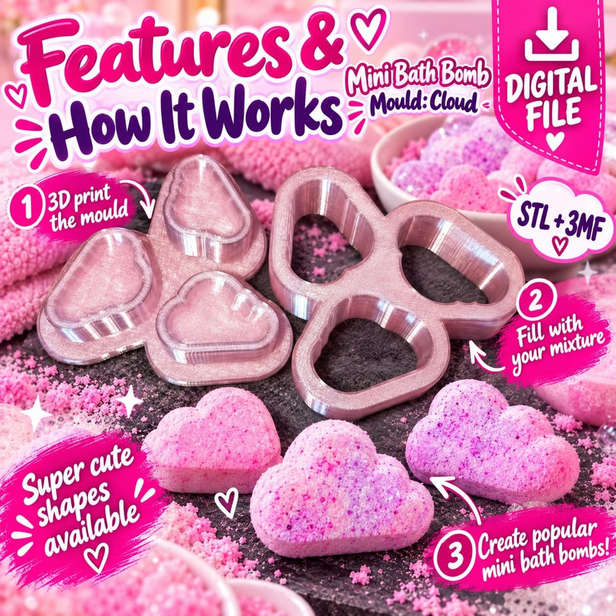 Cloud mini bath bomb mould digital file features and how it works