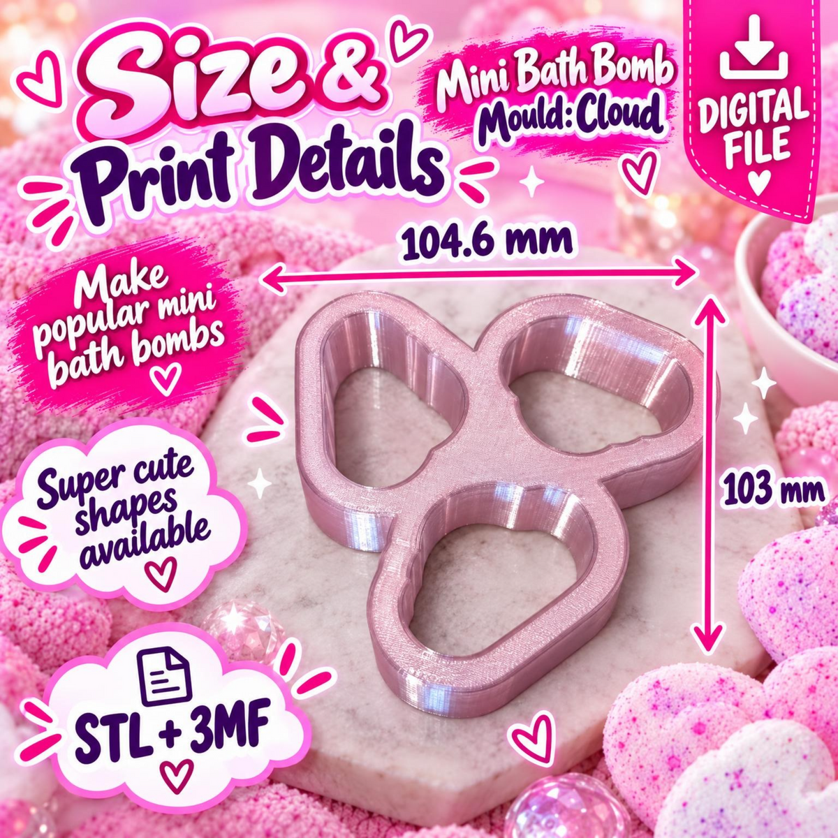 Cloud mini bath bomb mould digital file size and print details