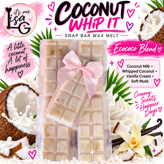 Coconut Whip It wax melt branded hero showing the actual creamy snap bars