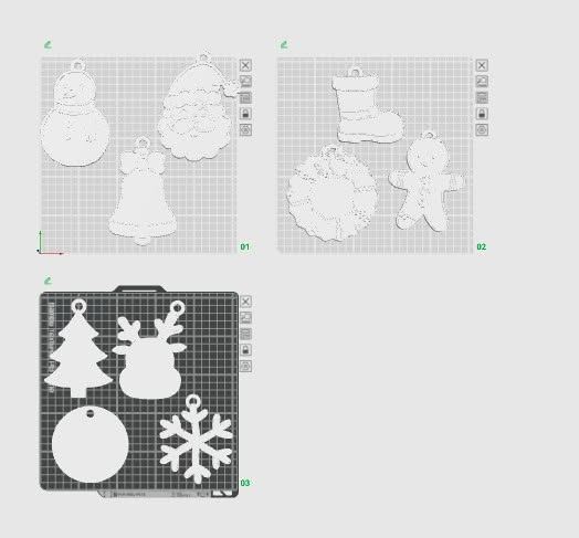 Ten Christmas decoration STL designs shown in slicer