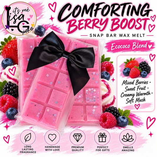 Comforting Berry Boost wax melt branded hero showing the actual pink snap bars