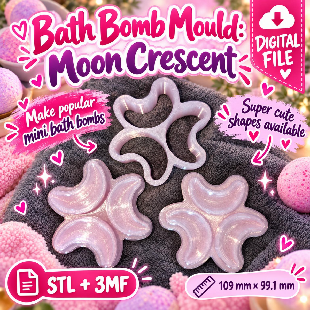 Crescent Moon mini bath bomb mould STL and 3MF digital file