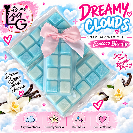 Dreamy Clouds wax melt branded hero showing the actual pale blue snap bars