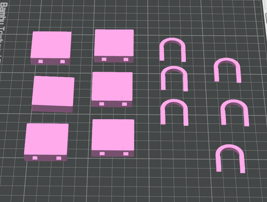 Pink 3D-printable notebook padlock bodies and separate D-ring shackles arranged in Bambu Studio