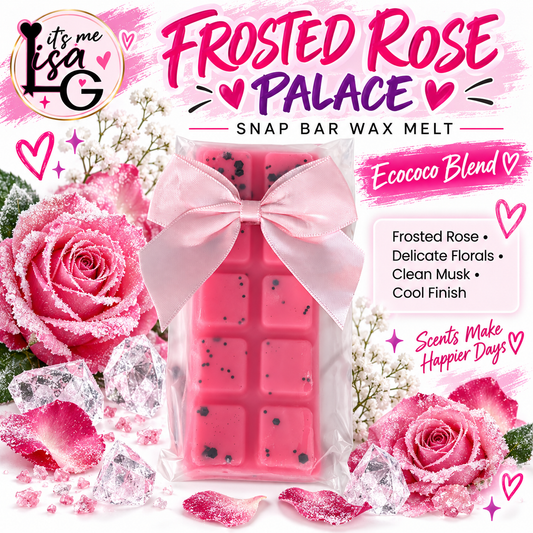 Frosted Rose Palace wax melt branded hero showing the actual pink snap bar