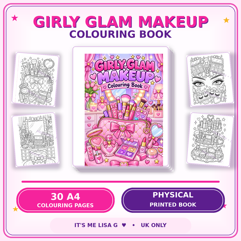 Girly Glam Makeup Colouring Book for Girls | 30 Page Physical Printed Book | Makeup, Bows & Glam