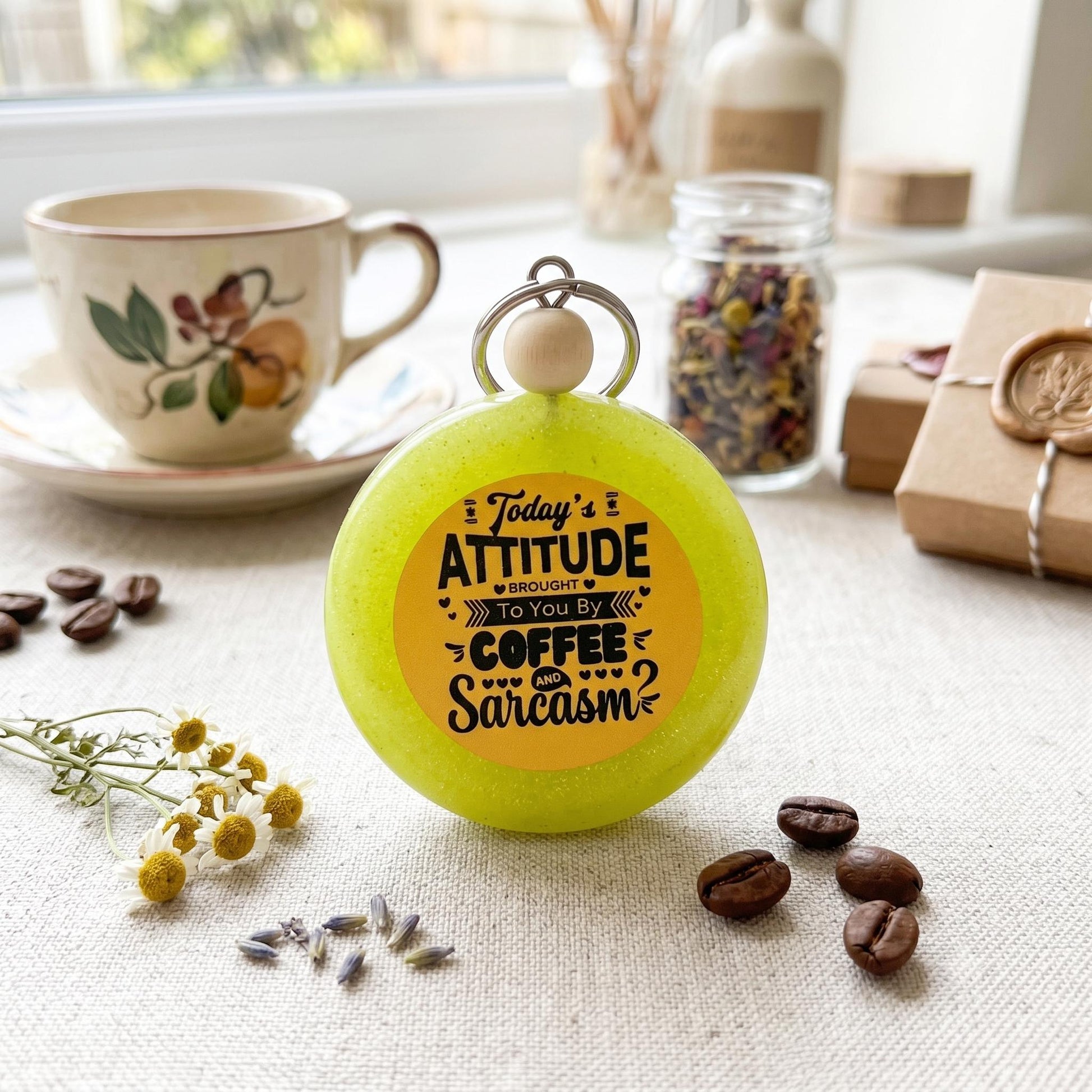 Scented Keyring Freshie UK, Coffee and Sarcasm Bag Charm, Perfume Aroma Bead Gift