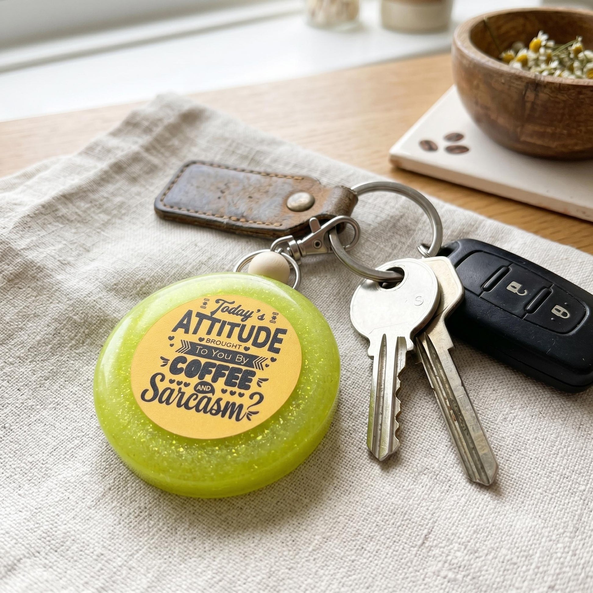 Scented Keyring Freshie UK, Coffee and Sarcasm Bag Charm, Perfume Aroma Bead Gift