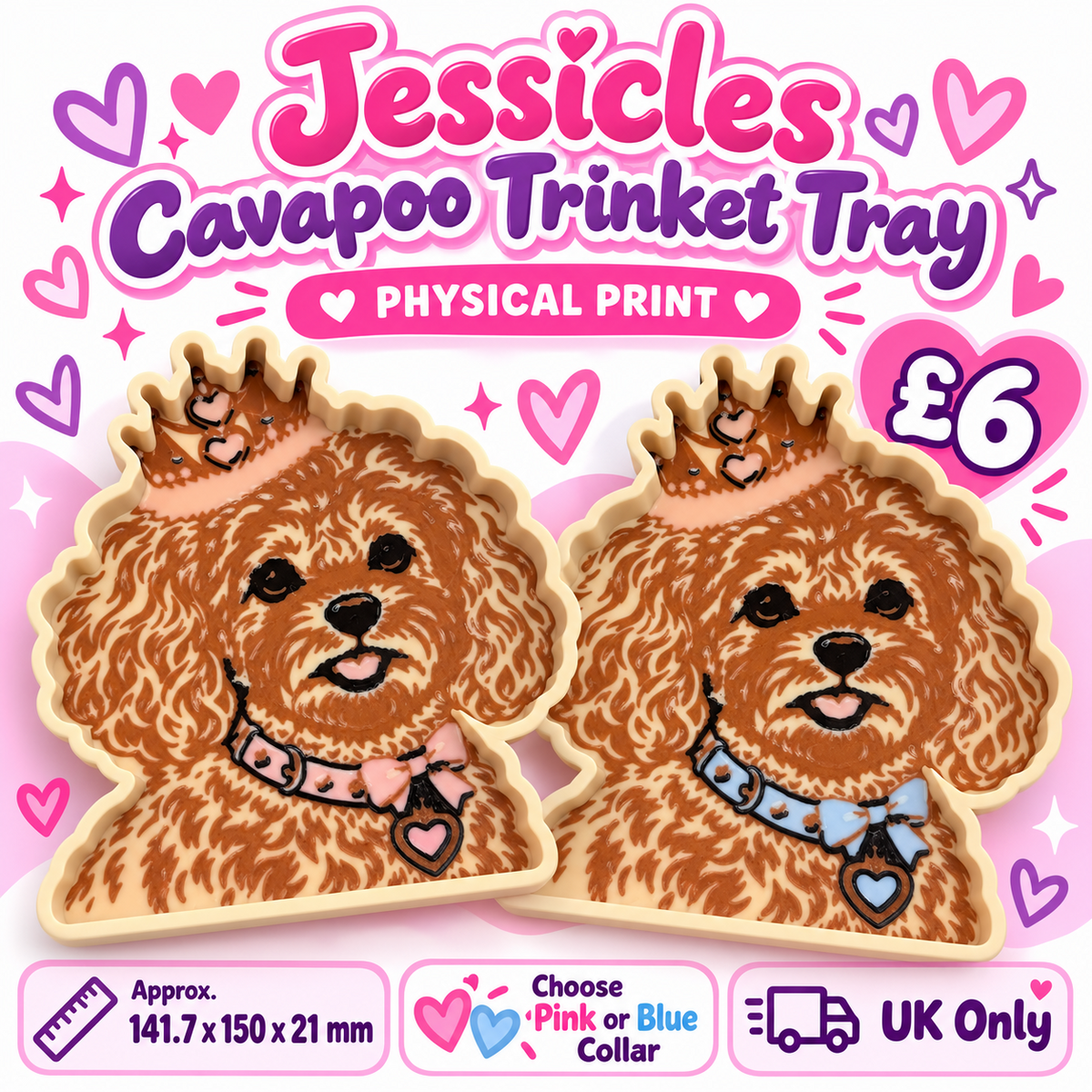 Jessicles Cavapoo trinket tray physical 3D print with pink or blue collar, £6, UK only