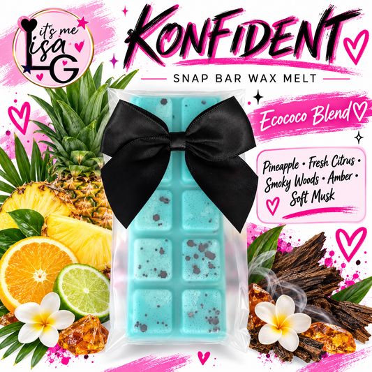 Konfident wax melt branded hero showing the actual turquoise snap bar
