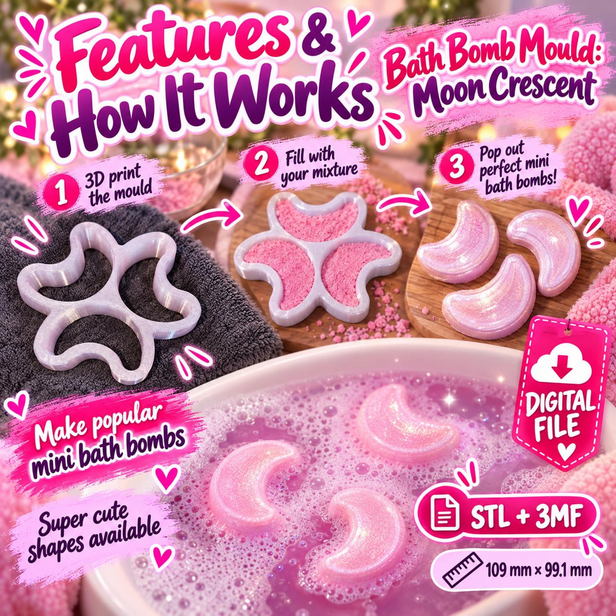 Crescent Moon bath bomb mould digital file how it works