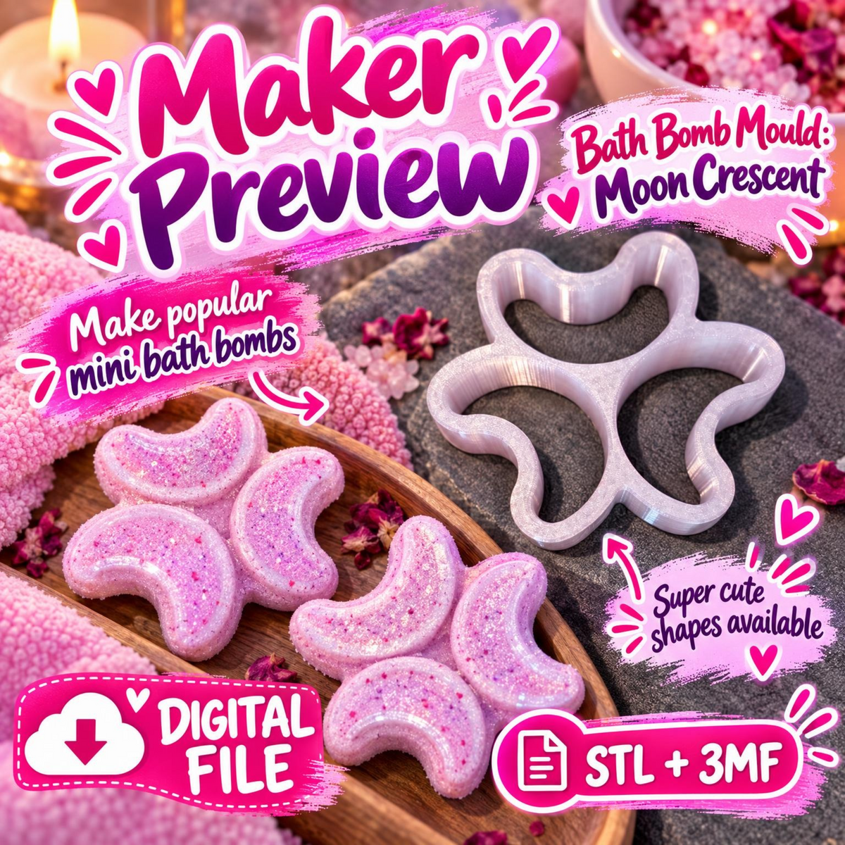 Crescent Moon bath bomb mould digital maker preview